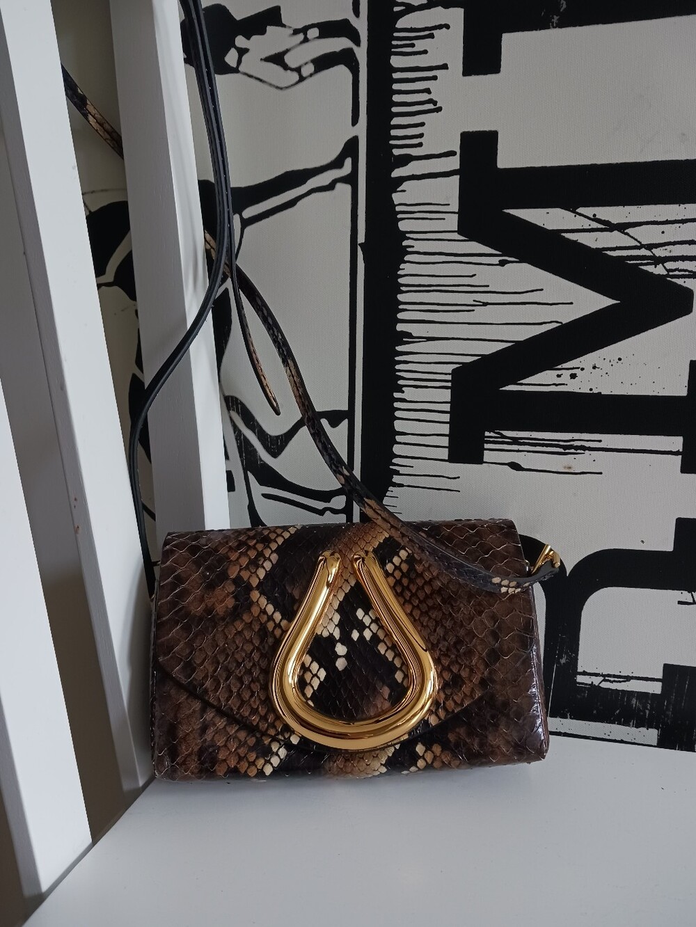 St John Brown Snake-Embossed Crossbody Bag with Gold Accent